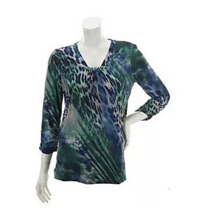 Susan Graver Womens 3X Liquid Knit Squared Printed Top Blue Beaded Stretch NWT